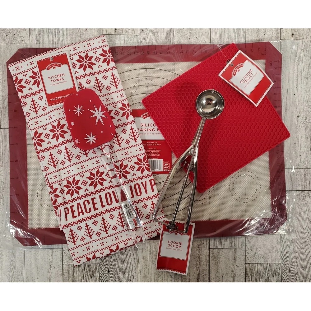 Kitchen 4pc Silicone Mat Spatula Fair Isle Towel Trivet Cookie Scoop Christmas